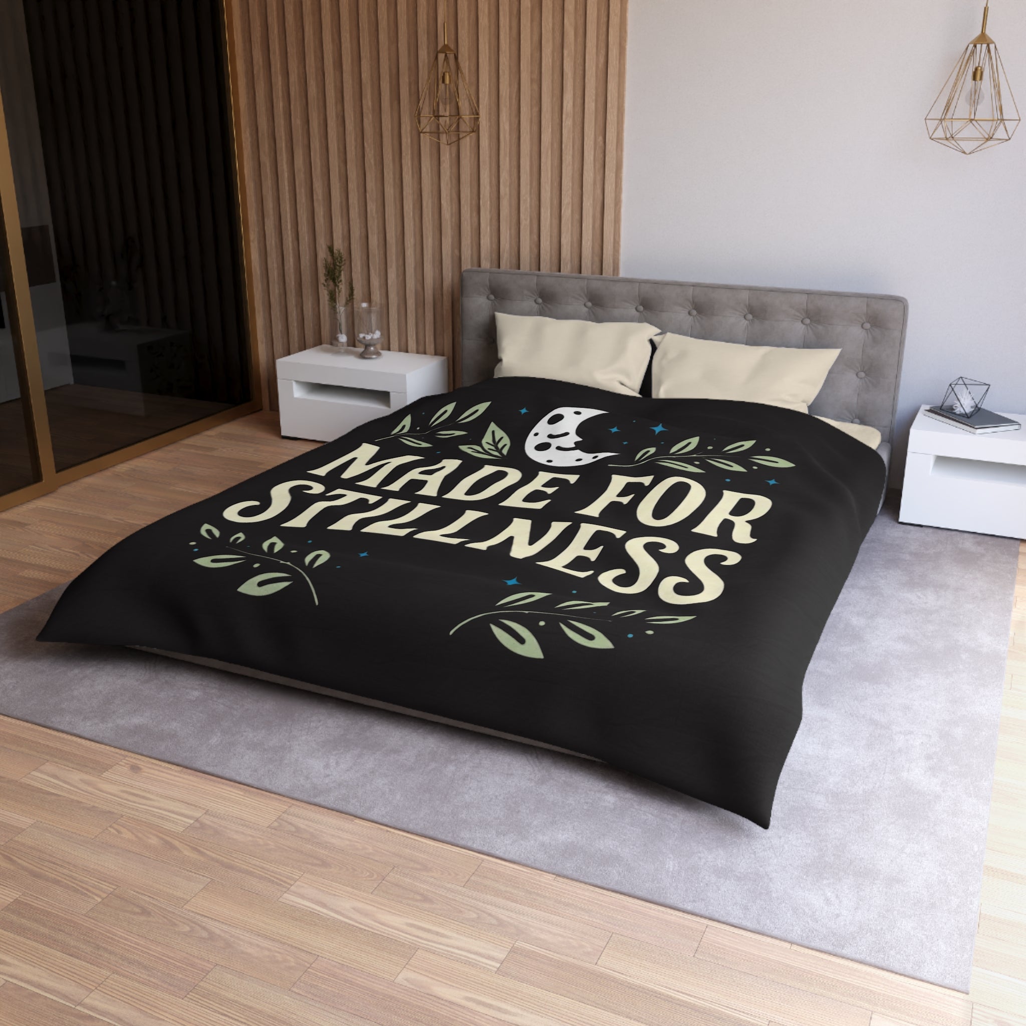 Made for Stillness Microfiber Duvet Cover — Calm Moon & Leaf Bedroom Decor